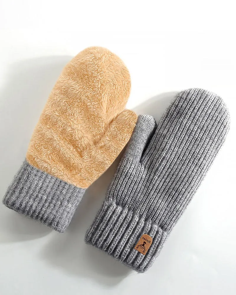 Gray Winter Fleece-Lined Plush Mittens