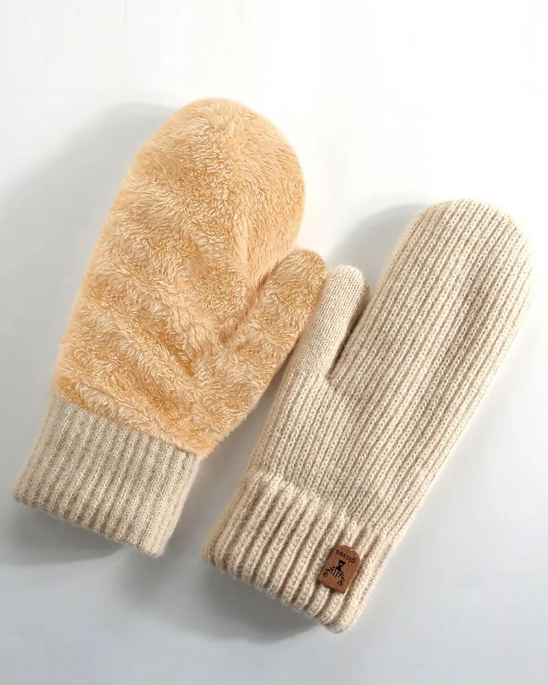 Beige Winter Fleece-Lined Plush Mittens