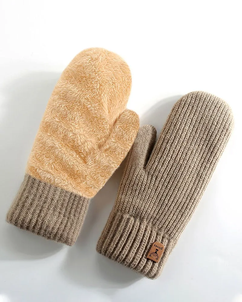 Khaki Winter Fleece-Lined Plush Mittens